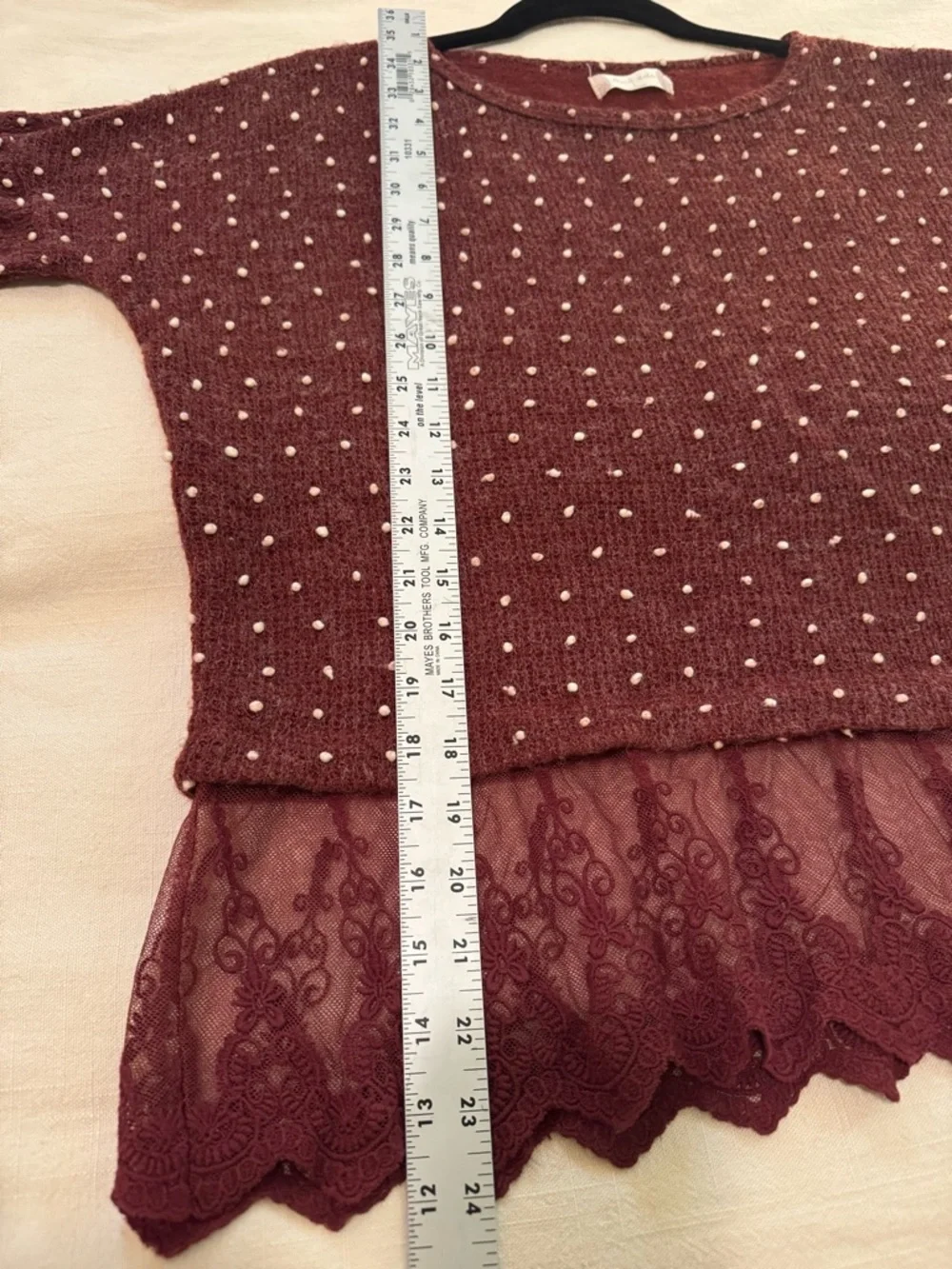 Altar'd State Lace Hem Polka Dot Embellished L/Sleeve Burgundy Red Sweater Large